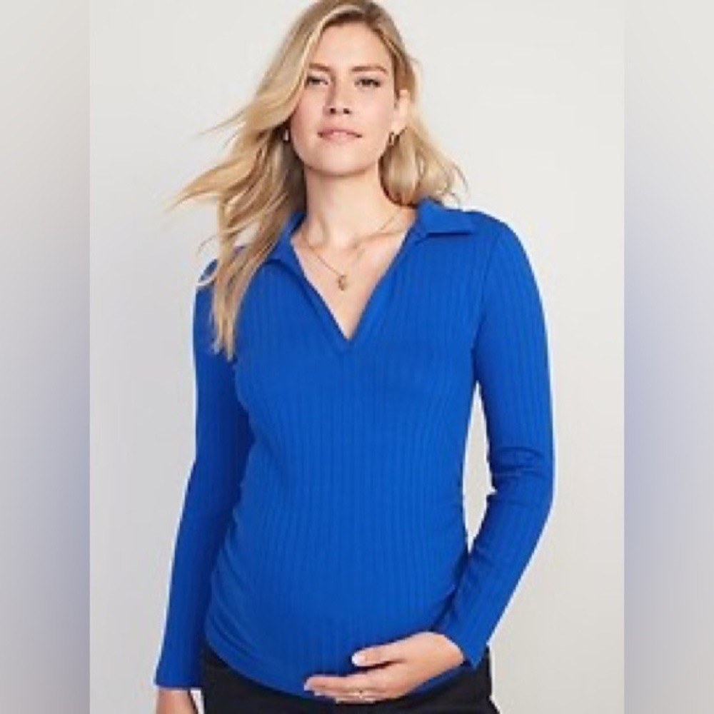 Old Navy Maternity Long-Sleeve Fitted Rib-Knit Polo Shirt - Blue - Size XL